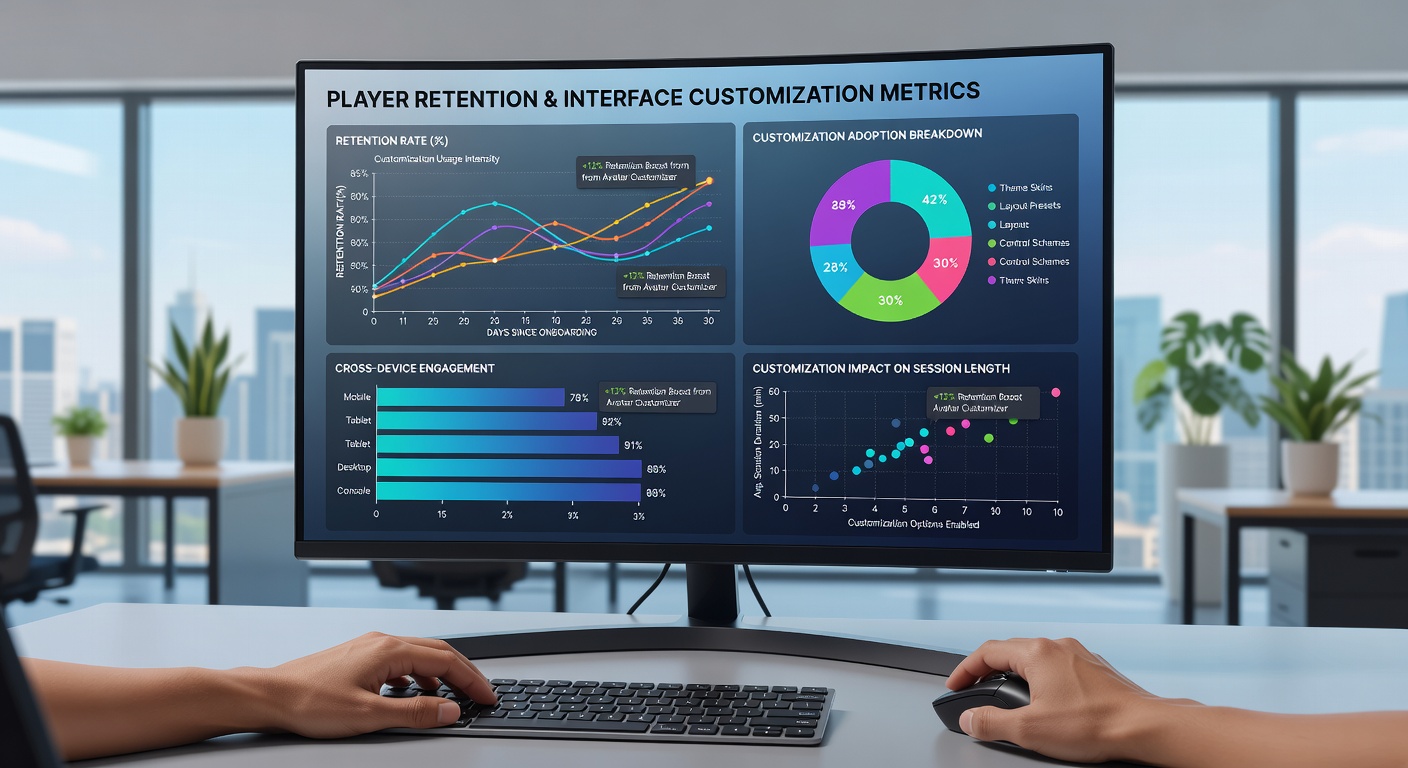 Analytics dashboard displaying retention graphs linked to interface customization settings across devices