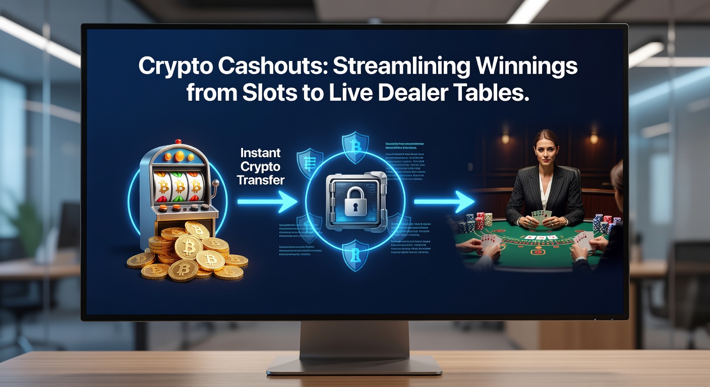 Digital illustration of cryptocurrency coins flowing from slot machines and live dealer tables into a secure wallet, symbolizing fast cashouts in online gaming