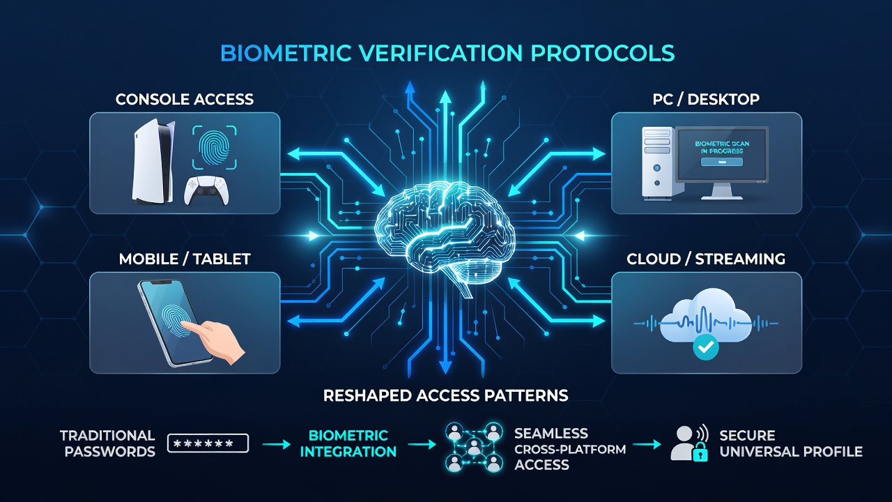 Biometric verification interface on multiple gaming devices showing fingerprint and facial recognition access