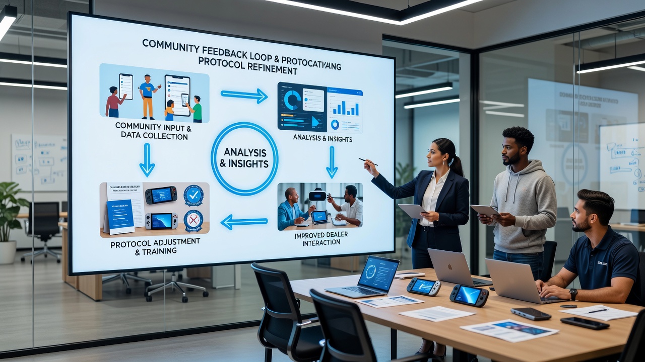 Data analytics dashboard showing community feedback influencing dealer protocols