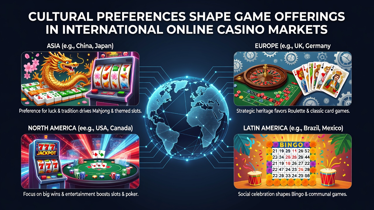 Diverse players engaging with culturally themed online casino games across global markets