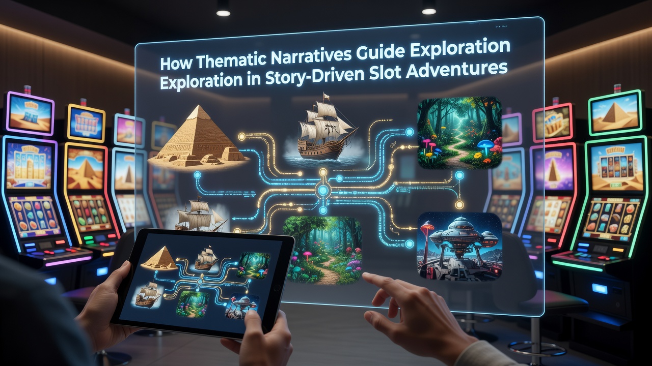 Thematic narrative elements in story-driven slot games showing exploration maps and character progression