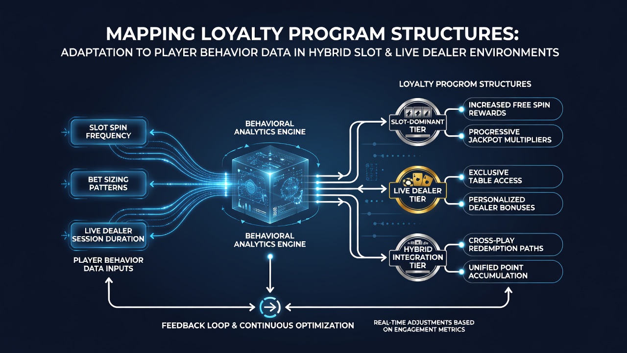 Diagram illustrating adaptive loyalty tiers responding to mixed slot and live dealer player data