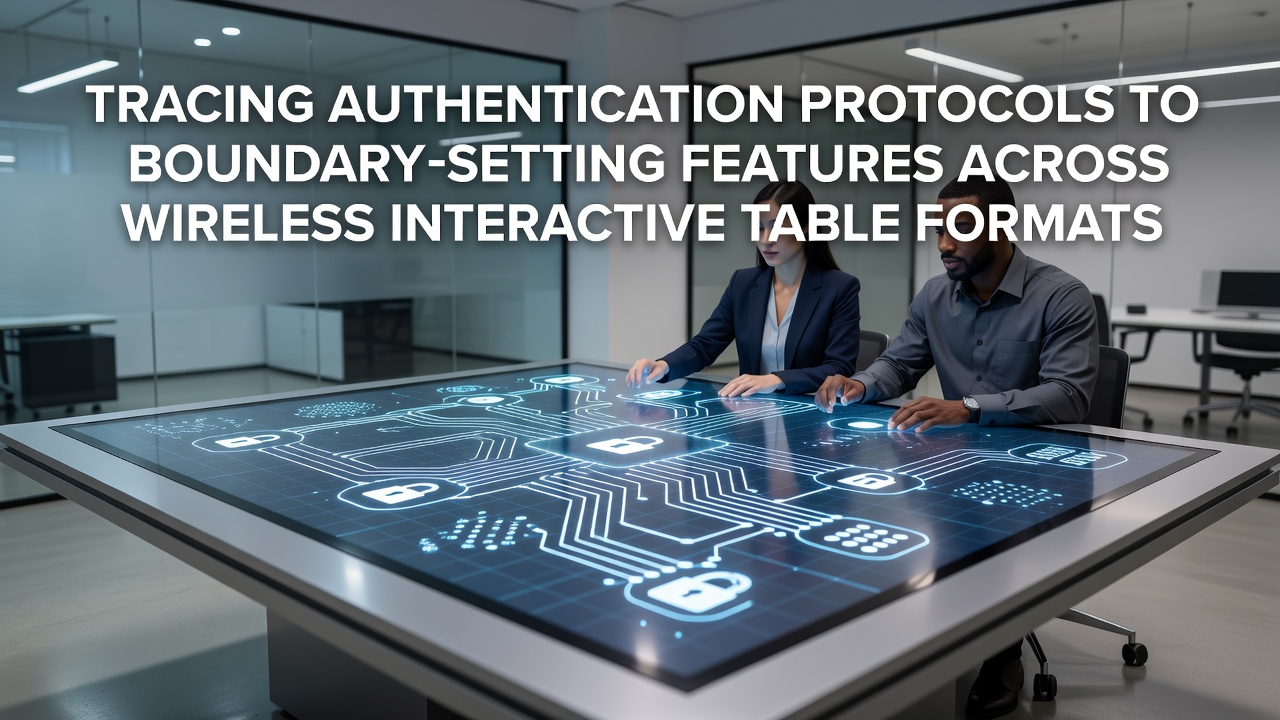 Wireless interactive table with authentication interface displayed on a multi-touch surface in a modern collaborative workspace