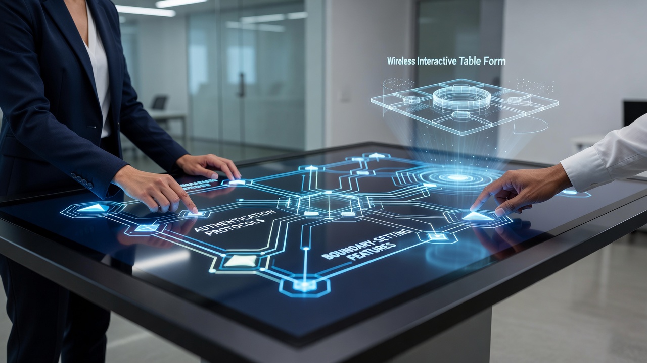 Close-up view of boundary indicators and access controls on a wireless interactive table during active user sessions