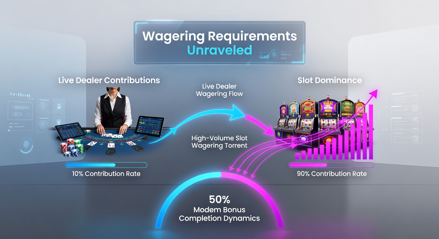 Comparative chart showing wagering progress bars for slots versus live dealer games in a bonus scenario
